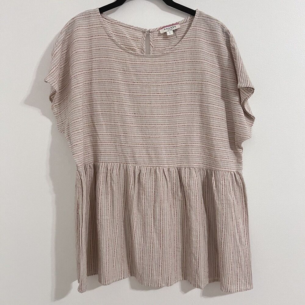 Andree By‎ Unit Beige Stripe Cotton Linen Blend Blouse Size L Peplum Beach Top